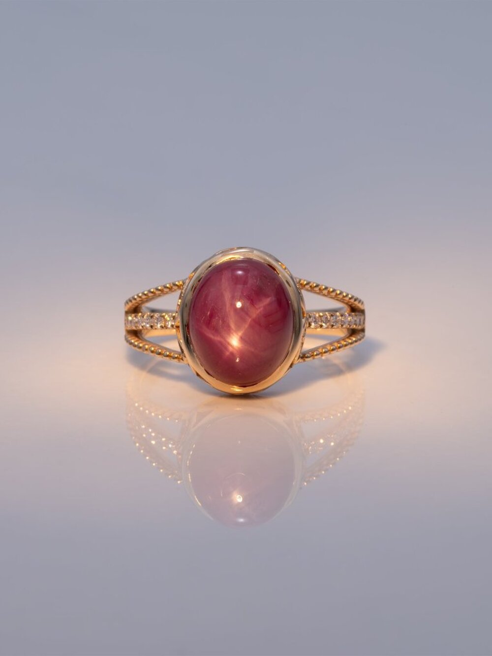 7.8Ct Star Ruby Cabochon Ring with Earth-Mined Diamond Accents: Solid 14K Gold